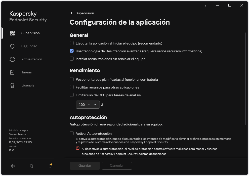 Ventana Configuración de la aplicación. El usuario puede configurar el rendimiento, la autodefensa y otros ajustes.