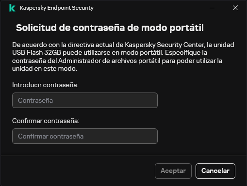 La ventana contiene campos para introducir y confirmar la contraseña.