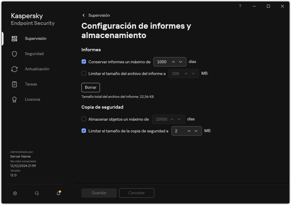 Ventana de configuración de informes y almacenamiento. El usuario puede establecer el tamaño y limitar el tiempo de almacenamiento de informes y objetos en el repositorio.