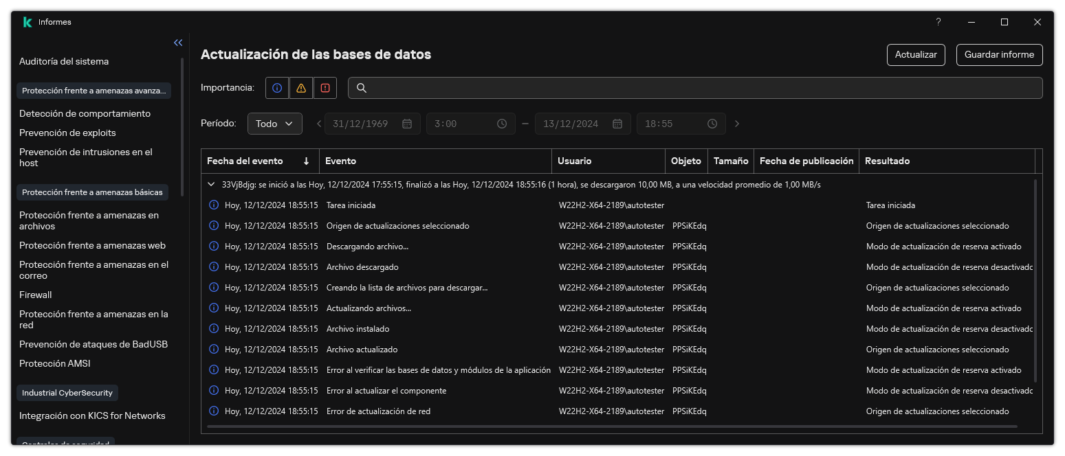 Una ventana con la lista de eventos del informe. El usuario puede filtrar/ordenar eventos y guardar informes en un archivo.