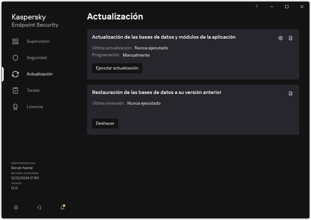 Una ventana con la lista de tareas de actualización locales. El usuario puede iniciar la actualización de bases de datos y módulos de aplicación, así como revertir la última actualización.