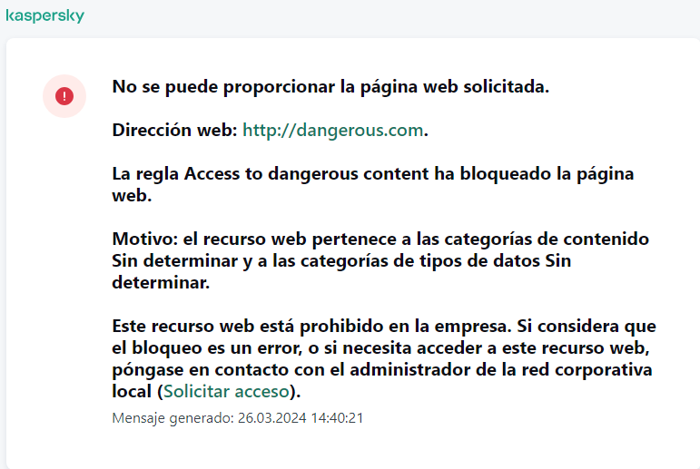 Notificación de Kaspersky sobre el bloqueo del acceso a la página web en la ventana del navegador. El usuario puede crear una solicitud para acceder al recurso web.