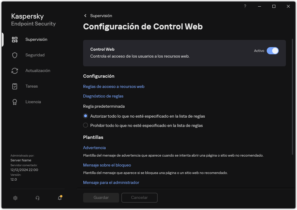 Ventana de configuración de Control Web.