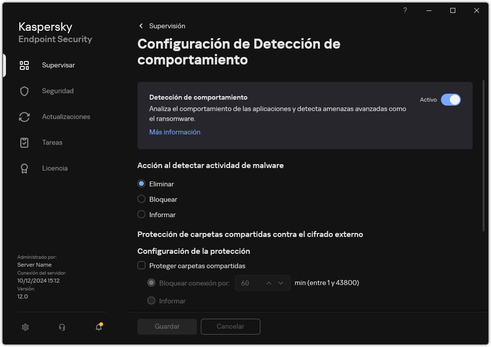 Ventana de configuración de Detección de comportamiento.