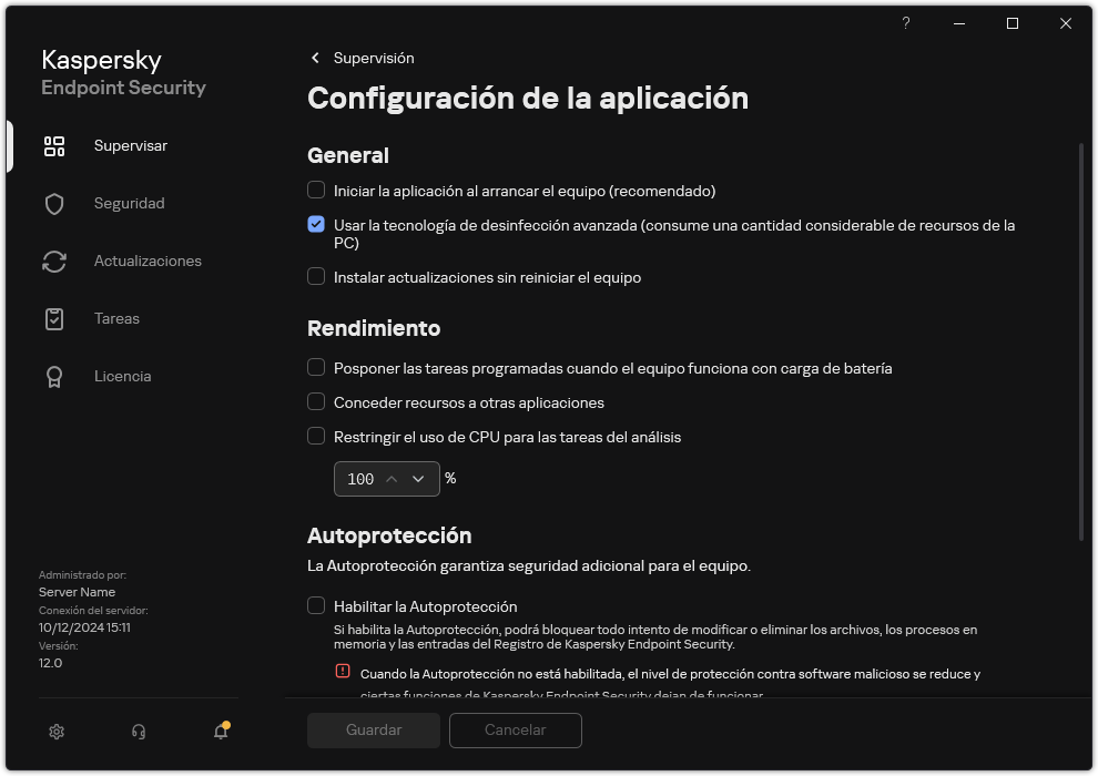 Ventana de Configuración de las aplicaciones. El usuario puede configurar el rendimiento, la autoprotección y otras opciones.