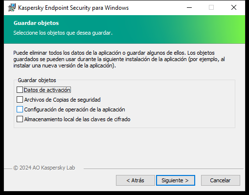 Ventana del instalador con una lista de objetos que se pueden guardar después de eliminar la aplicación.