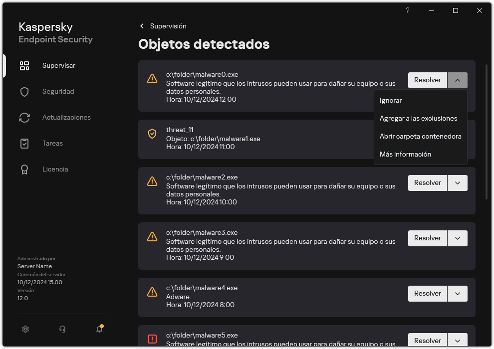 Una ventana con la lista de objetos detectados. Se muestra información sobre el objeto. El usuario puede resolver o quitar el objeto.