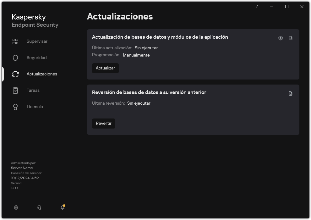 Una ventana con la lista de tareas de actualización local. El usuario puede iniciar la actualización de bases de datos y módulos de la aplicación, así como revertir la última actualización.