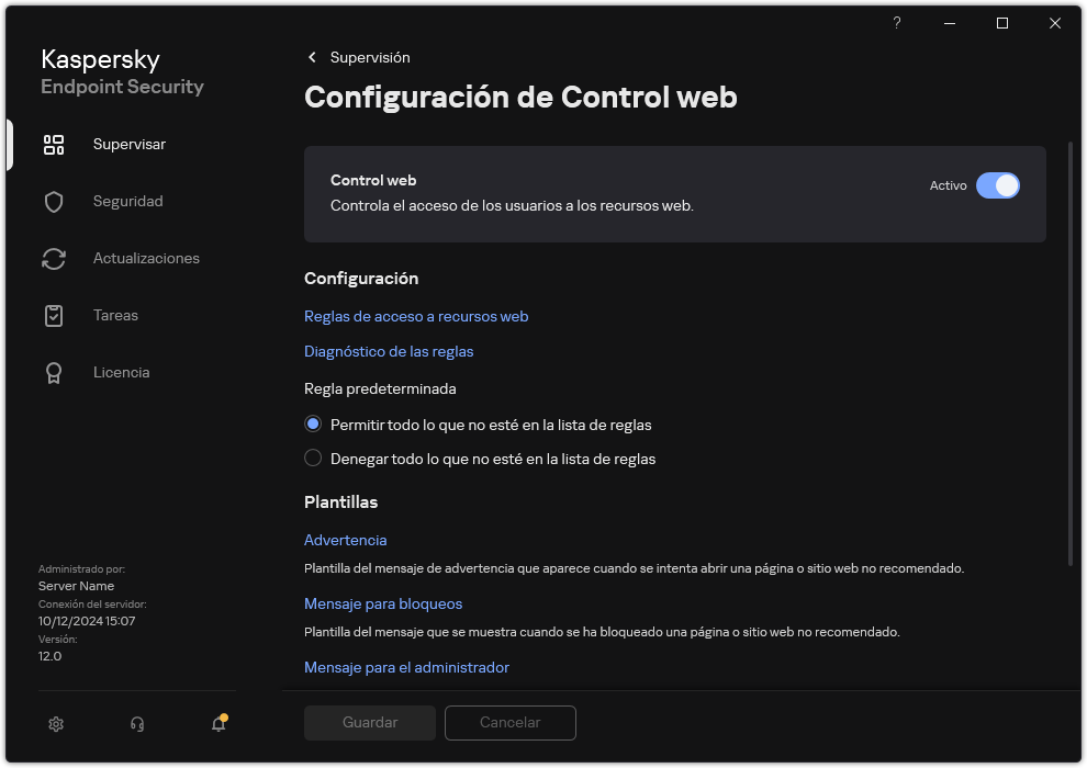 Ventana de configuración de Control web.