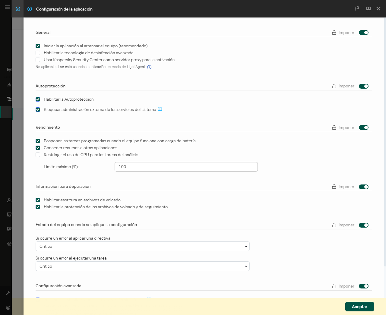 Ventana de Configuración de las aplicaciones. El usuario puede configurar el rendimiento, la autoprotección y otras opciones.