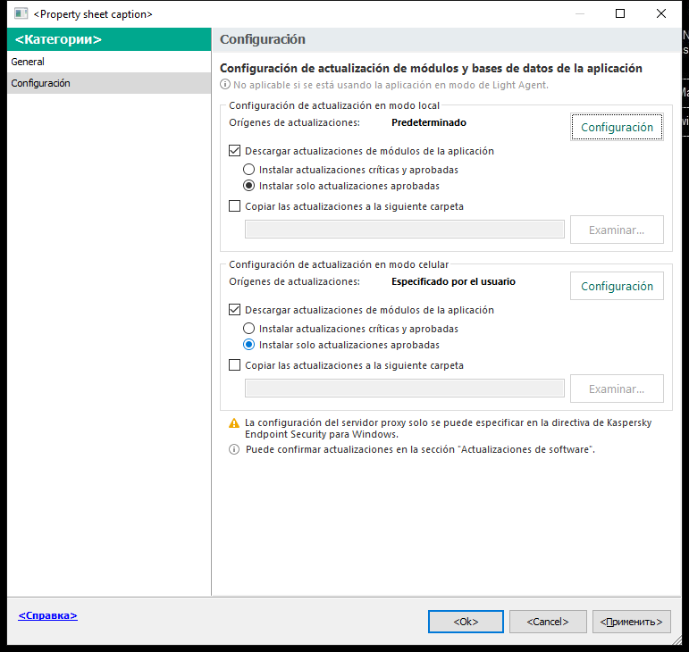 La ventana Configuración de la tarea de actualización. El usuario puede configurar la actualización en los modos local y móvil.