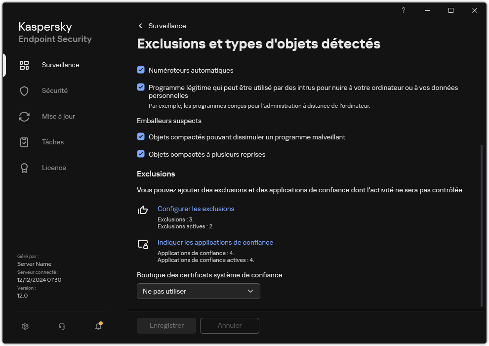 Fenêtre des paramètres d'exclusion. L'utilisateur peut ajouter des exclusions et des applications de confiance.