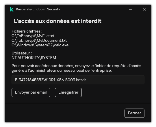 Une fenêtre avec un fichier de demande d'accès à des données chiffrées. L'utilisateur peut enregistrer le fichier généré sur le disque ou l'envoyer par email.