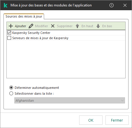 Une fenêtre avec la liste des sources de mises à jour. L'utilisateur peut ajouter des sources de mises à jour et attribuer une priorité à la source.