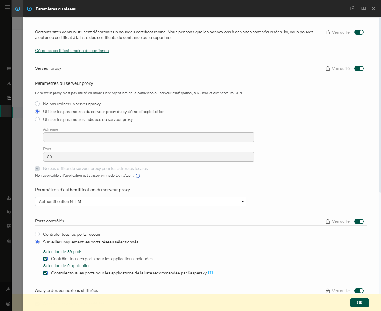 Fenêtre des paramètres réseau des applications. L'utilisateur peut configurer les paramètres du serveur proxy.