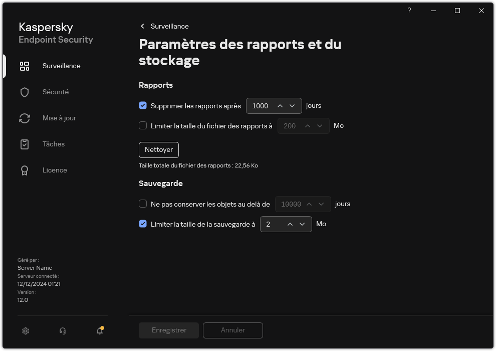 Fenêtre des paramètres des rapports et du stockage. L'utilisateur peut définir la taille, et limiter la durée de stockage des rapports et des objets dans le stockage.