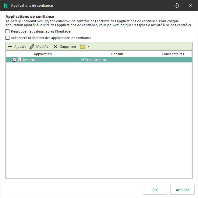 Une fenêtre avec la liste des applications de confiance. L'utilisateur peut ajouter, modifier ou supprimer une application de confiance.