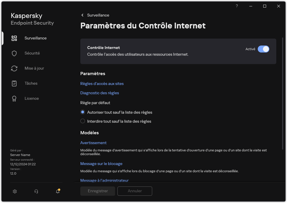 Fenêtre des paramètres du Contrôle Internet.