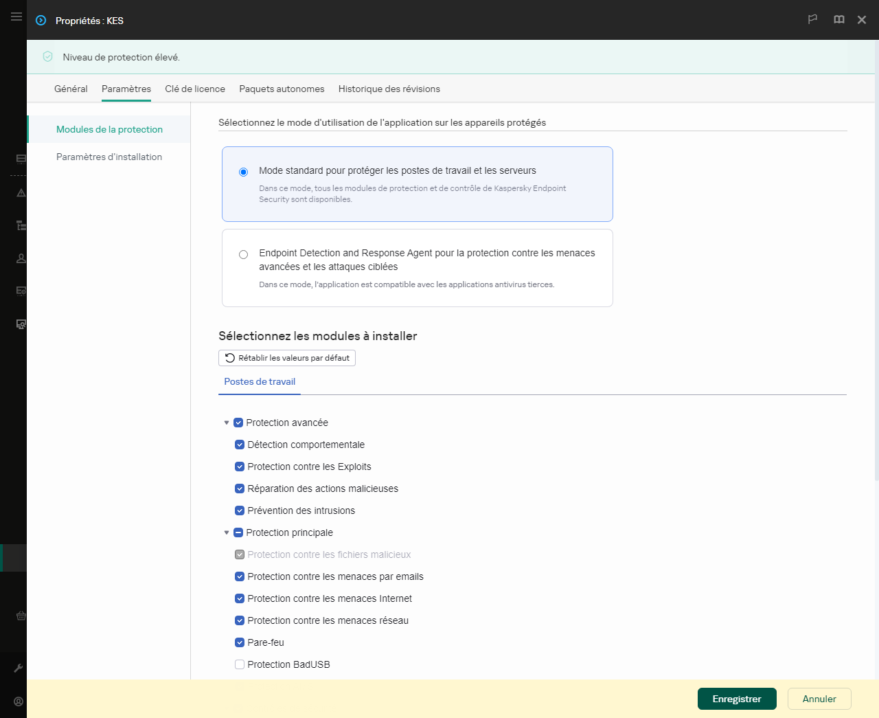 Fenêtre des propriétés du paquet d'installation. Vous pouvez sélectionner les modules d'application que vous souhaitez inclure.