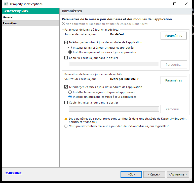 La fenêtre Paramètres de la tâche de mise à jour. L'utilisateur peut configurer la mise à jour en mode local et mobile.