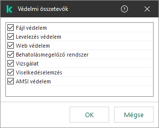 Egy ablak az alkalmazás összetevőinek listájával. A kizárás csak a kiválasztott összetevők működésére vonatkozik.