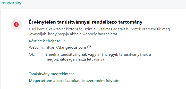 Kaspersky-értesítés egy nem megbízható tanúsítvánnyal rendelkező tartomány felkereséséről a böngészőablakban. A felhasználó folytathatja a munkát.