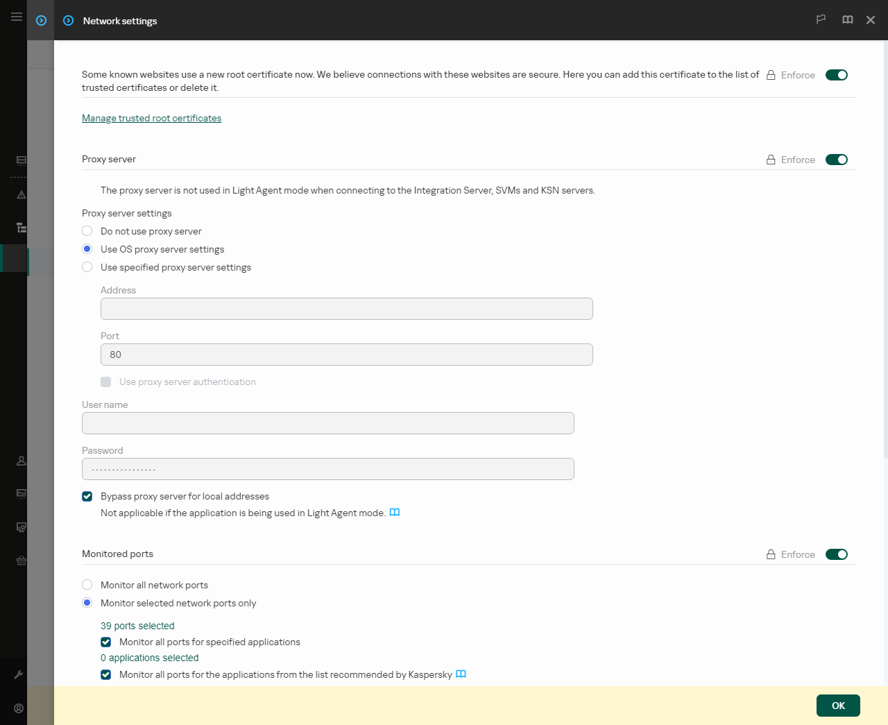 Venster met netwerkinstellingen van het programma. De gebruiker kan proxyserverinstellingen configureren.