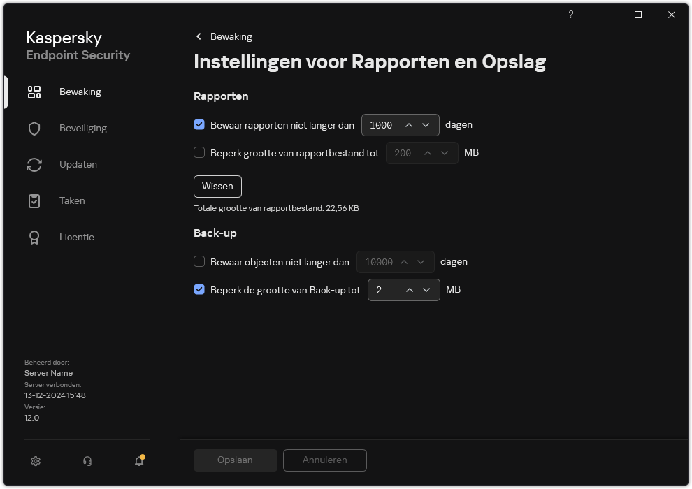 Venster Rapporten en opslaginstellingen. De gebruiker kan de grootte instellen en de opslagtijd beperken van rapporten en objecten in de opslagplaats.