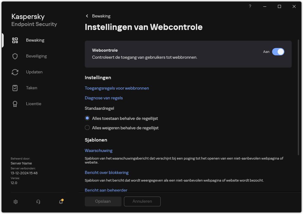 Webcontrole instellingen venster.