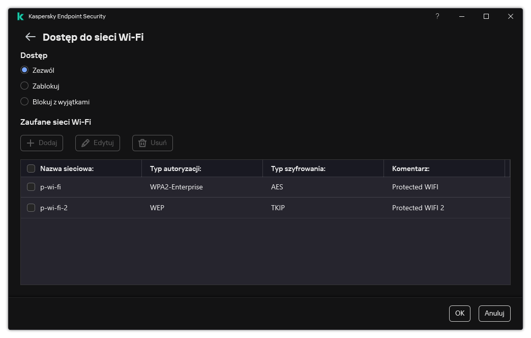 Okno z listą sieci Wi-Fi. Użytkownik może skonfigurować dostęp do wszystkich sieci Wi-Fi oraz dodać zaufane sieci Wi-Fi.