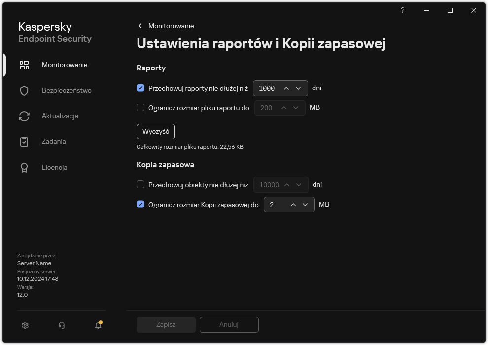 Okno ustawień Raportów i Kopii zapasowej. Użytkownik może ustawić rozmiar i ograniczyć czas przechowywania raportów i obiektów w repozytorium.