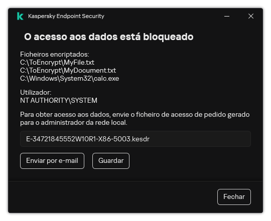 Uma janela com um ficheiro de pedido para aceder a dados encriptados. O utilizador pode guardar o ficheiro gerado no disco ou enviá-lo por e-mail.