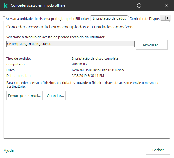 A janela contém um campo para selecionar o ficheiro de pedido de acesso. O utilizador pode guardar o ficheiro-chave de acesso gerado no disco ou enviá-lo por e-mail.