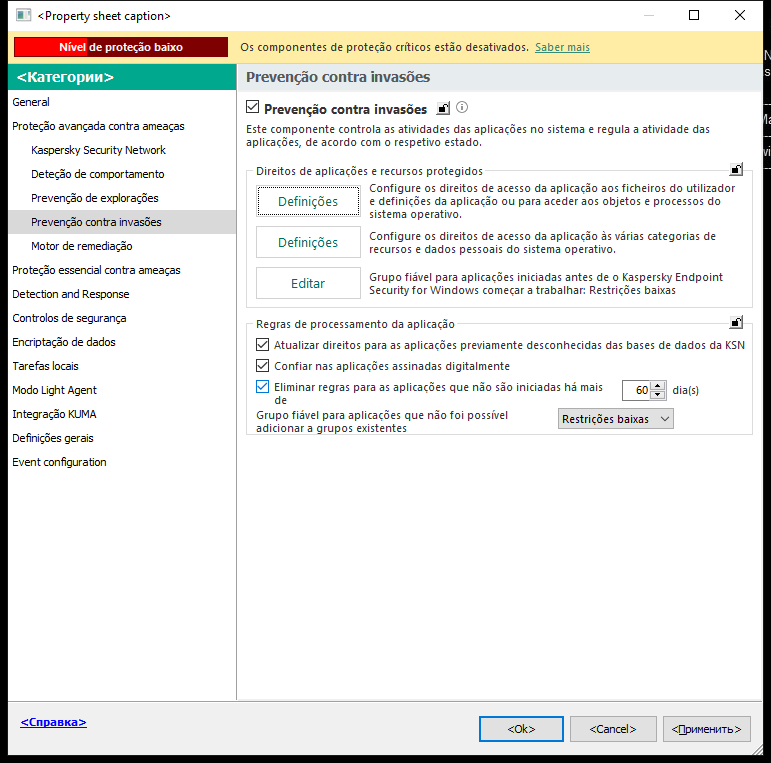 Janela de definições de Prevenção contra intrusões.