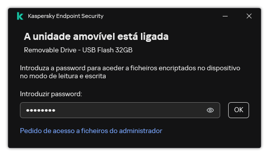 A janela contém um campo de entrada de password. O utilizador pode criar um pedido de acesso ao ficheiro.