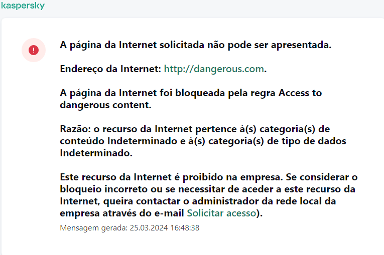 Notificação da Kaspersky sobre o bloqueio de acesso à página de Internet na janela do navegador. O utilizador pode criar um pedido para aceder ao recurso da web.