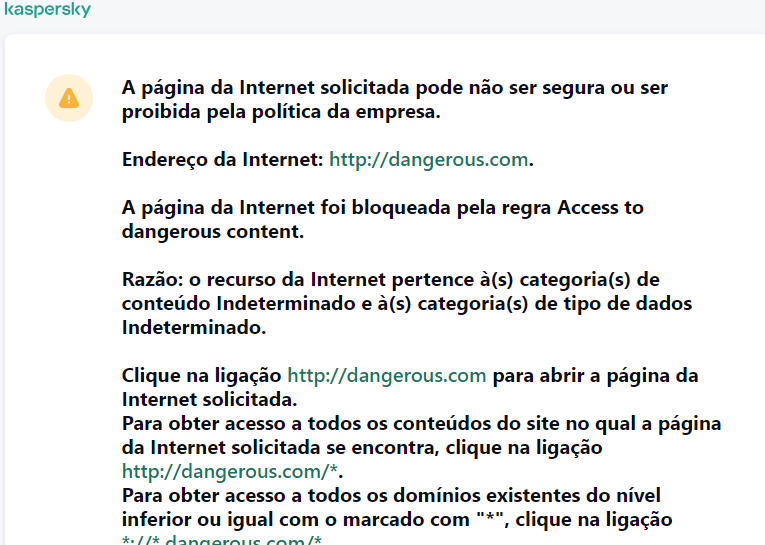 Notificação da Kaspersky sobre a visita a uma página de Internet possivelmente insegura na janela do navegador. O utilizador pode criar um pedido para aceder ao recurso da web.