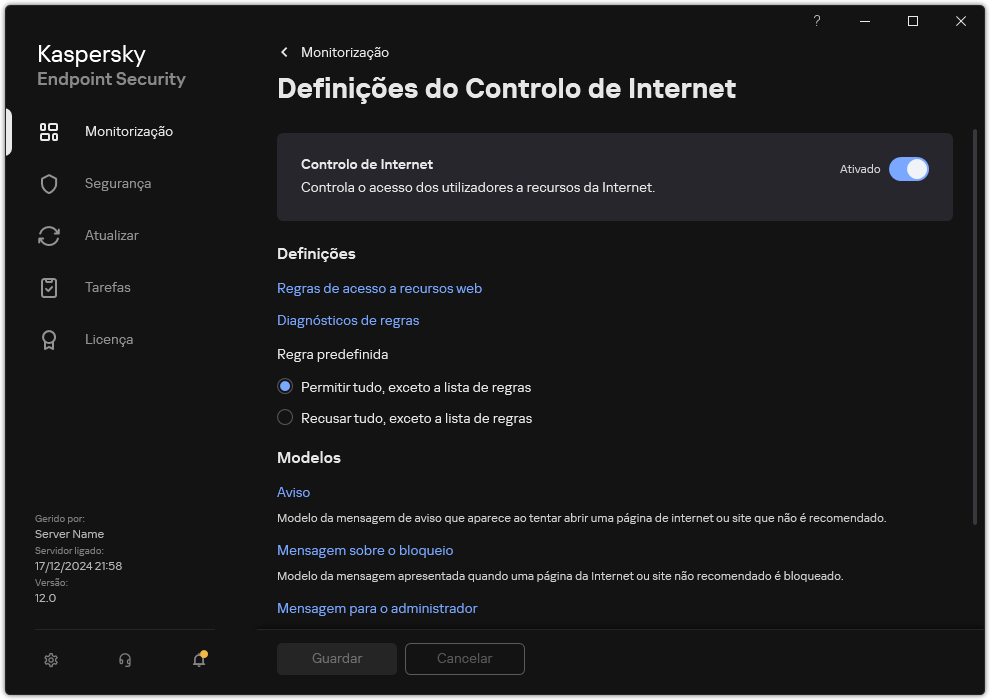 Janela de definições do Controlo de Internet.