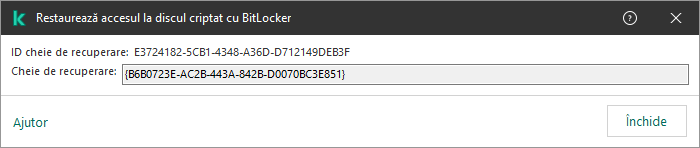 O fereastră cu cheia pentru restaurarea accesului la unitatea care nu este de sistem criptată.