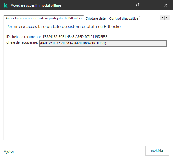 O fereastră cu cheia pentru restaurarea accesului la unitatea de sistem criptată.