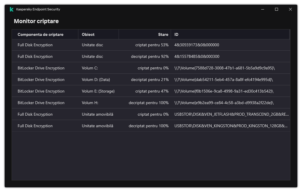 O fereastră cu lista de unități, pe care se execută criptarea. Sunt afișate tehnologia de criptare, starea și ID-ul unității.
