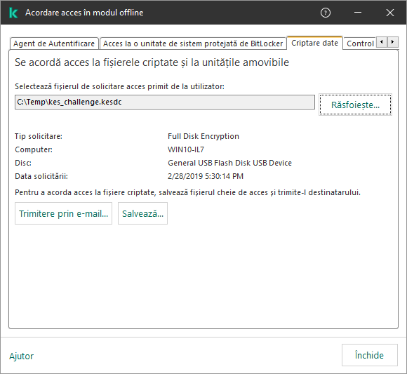 Fereastra conține un câmp pentru selectarea fișierului de solicitare a accesului. Utilizatorul poate salva fișierul cheie de acces generat pe disc sau îl poate trimite prin e-mail.