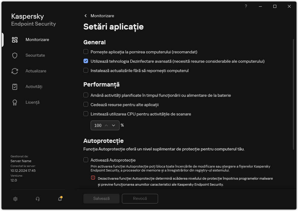 Fereastra cu setările aplicației. Utilizatorul poate configura performanța, autoprotecția și alte setări.