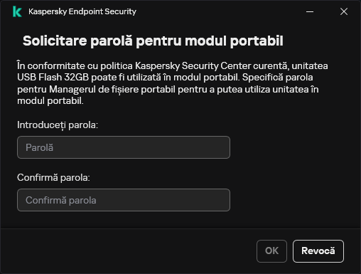 Fereastra conține câmpuri pentru introducerea și confirmarea parolei.