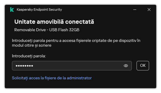 Fereastra conține un câmp de introducere a parolei. Utilizatorul poate crea o solicitare de acces la fișier.
