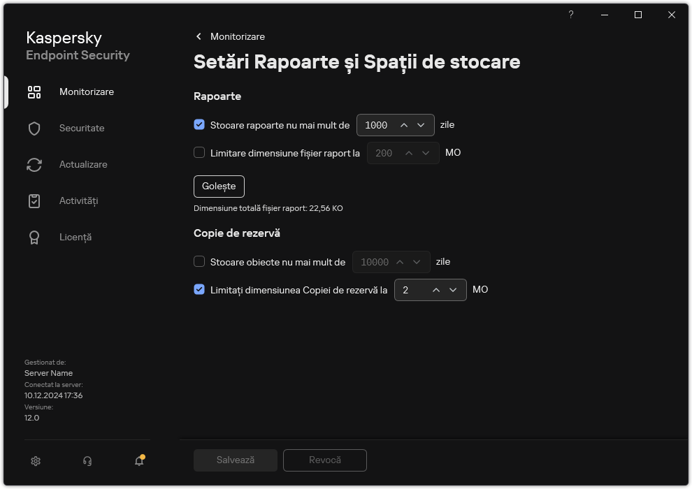 Fereastra pentru Setări Rapoarte și Spații de stocare. Utilizatorul poate seta dimensiunea și limita timpul de stocare a rapoartelor și obiectelor din depozit.