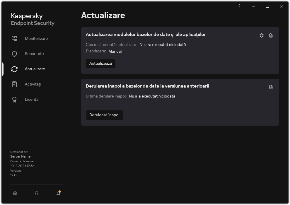 O fereastră cu lista activități de actualizare locale. Utilizatorul poate începe actualizarea modulelor bazelor de date și ale aplicațiilor, precum și derularea înapoi a ultimei actualizări.