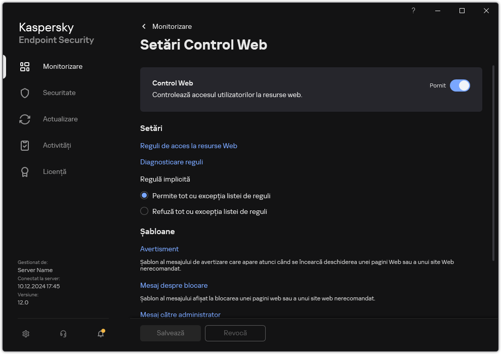 Fereastra de setări Control Web.