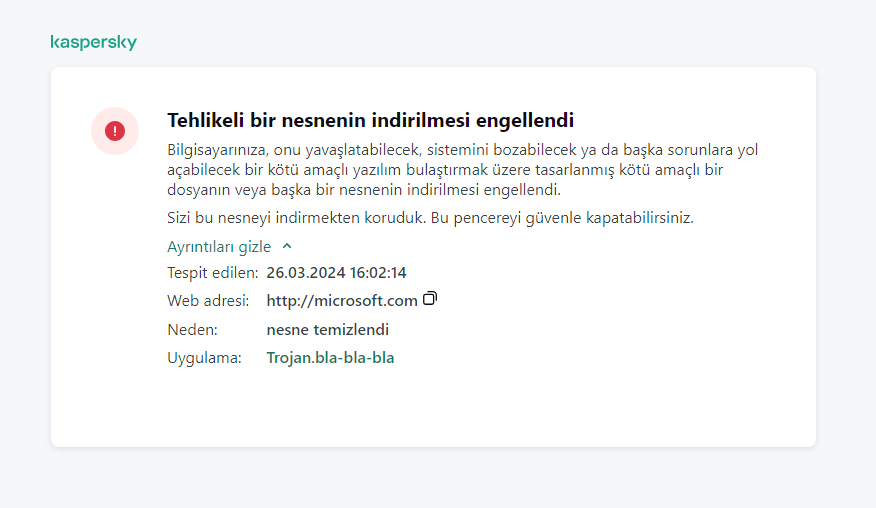 Kötü amaçlı nesnenin tarayıcı penceresine yüklenmesini önleme hakkında Kaspersky bildirimi.