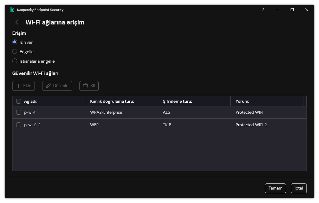 Wi-Fi ağlarının listesini içeren bir pencere. Kullanıcı tüm Wi-Fi ağlarına erişimi yapılandırabilir ve güvenilir Wi-Fi ağları ekleyebilir.